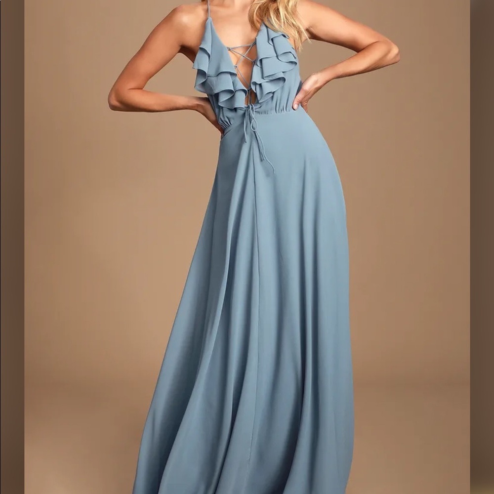 Lulu’s Slate Blue Ruffled Lace-Up Maxi Dress - Size Medium